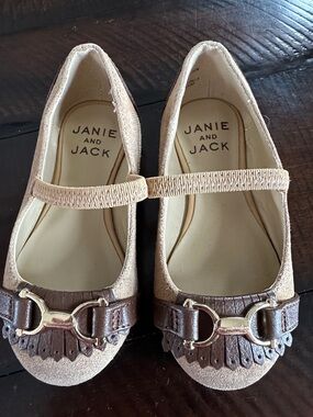 Janie and Jack Beige and Brown Mary Jane Flats with Gold Buckle